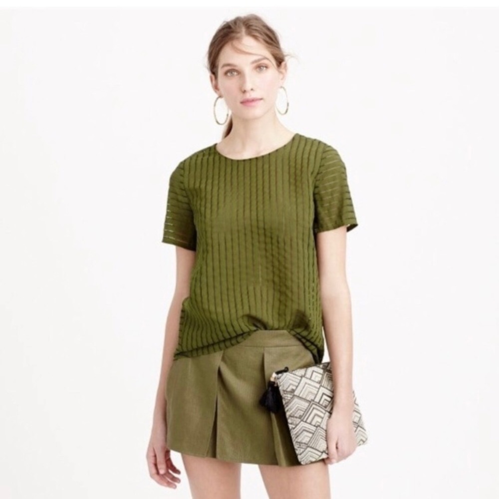 J. Crew Olive Green Shadow Stripe Sheer Short Sleeve Top Utility Neutral Spring